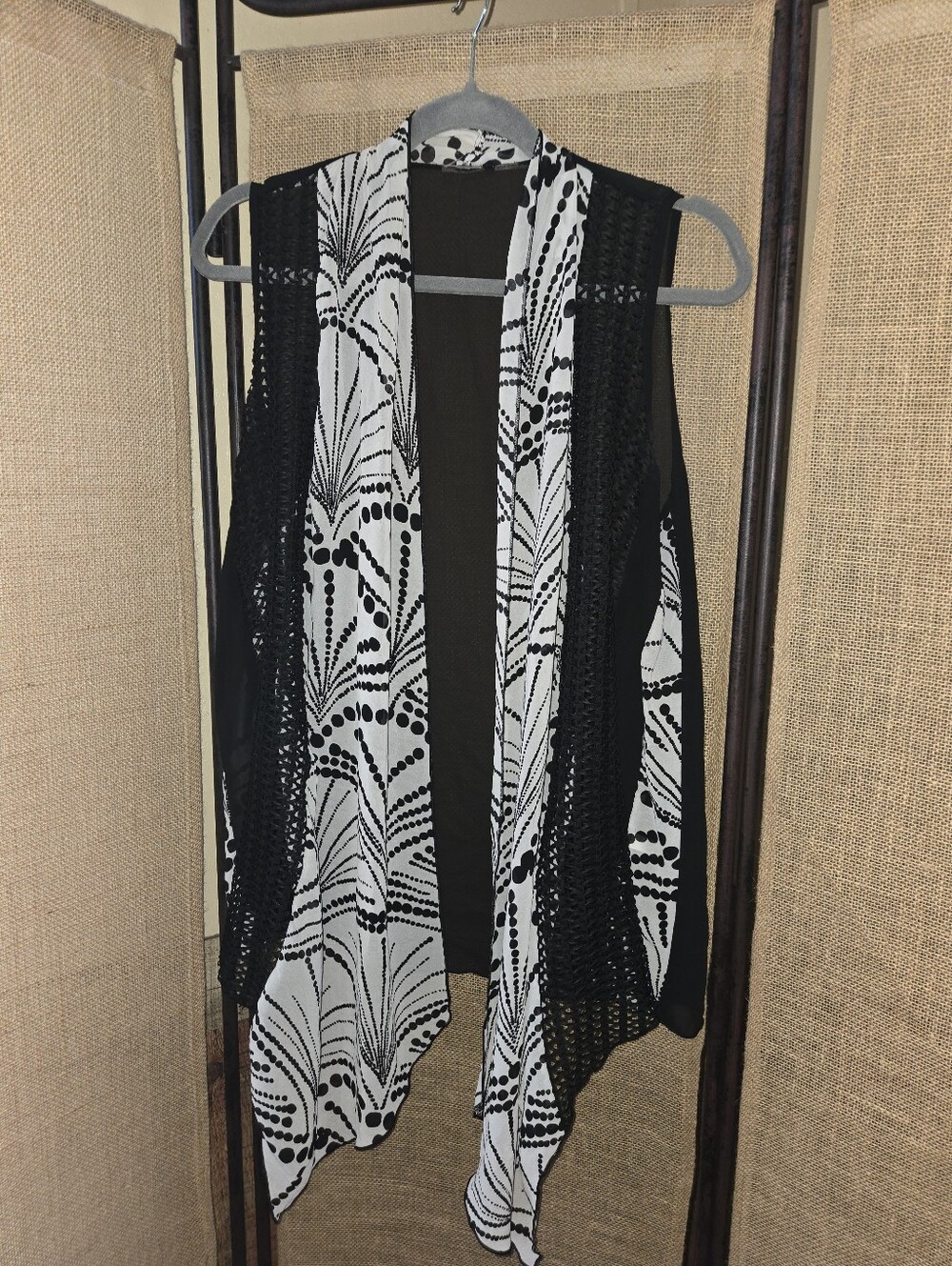 Boho Black and White Patterned Open-Front Women's Sweater Vest Large Polka Dot